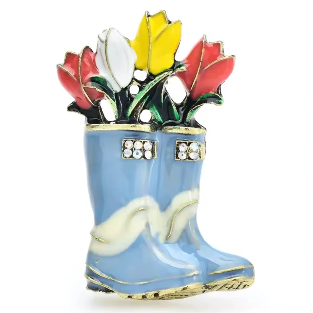 Floral Boot Tulip Blue Gold Brooch